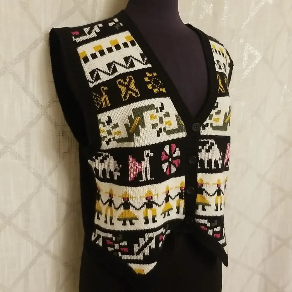 Vintage Boho Art to Wear Knit Cardigan Vest Grannycore Womens S/M Y2k Knit